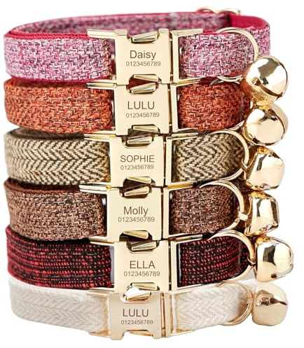 Collier pour chat personnalisé – Nom et numéro de téléphone gravés sur mesure, tissu doux réglable, boucle métallique sécurisée (Tweed)
