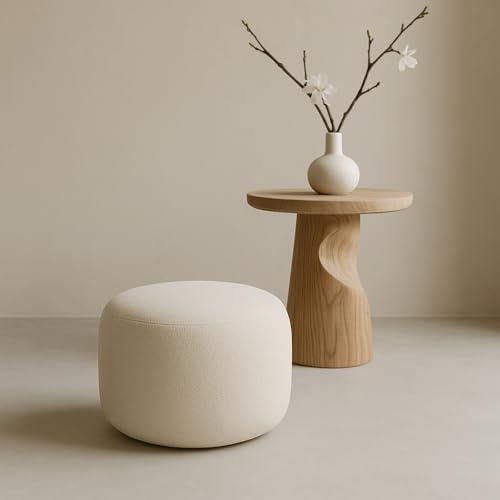 Sofello Moon Pouf rund Ø40x40 cm Braun – Sitzhocker in Stoff Quelle – Bequeme Fußablage & Dekohocker (Quelle 02 - Creme)