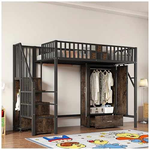Wyibwy Letto a soppalco, 90x200cm, con armadio, cassetti e scala portaoggetti, con sponde di sicurezza, letto singolo con struttura in ferro, nero (materasso non incluso)
