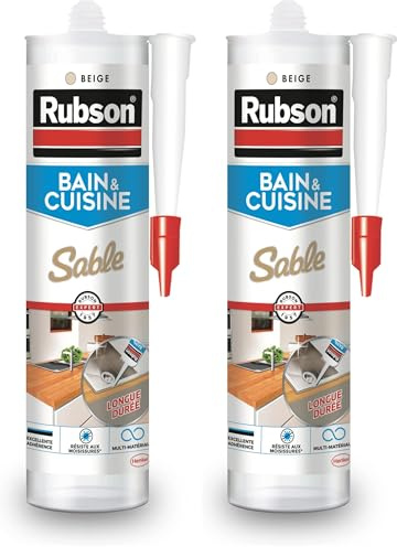 Rubson Mastic Bain & Cuisine Couleur Sable, Joint silicone multi-matériaux renforcé en antifongiques, mastic sanitaire coloré, souple & étanche, 280 ml (Lot de 2)