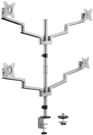 LogiLink 4-Fach Monitorhalterung für 17–32, max. 6 kg pro Arm, neigbar, kippbar, drehbar, klemmbar, Quad Monitor Halterung, Klemmbefestigung oder Tischbohrung, VESA 75x75 und 100x100