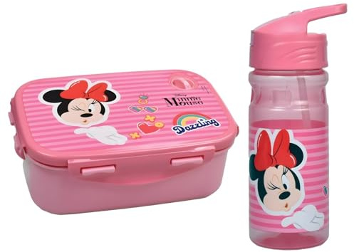 Disney Minnie Maus Kinder Lunch Set 2-teilig – Brotdose + Trinkflasche 500 ml – „Dazzling“ Design in Rosa – Frühstücks-Set für Kindergarten, Schule & Ausflüge