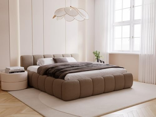 GRAINGOLD Cloud Low Bett, Polsterbett mit Bettkasten, Polsterbett mit Stauraum, Bouclé-Stoff, mit Lattenrost, mit Kopfteil, ohne Matratze (Braun, 180x200)
