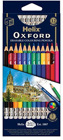 Helix Oxford Erasable Colouring Pencils - Pack of 12 Vibrant Colours With Strong Erasable Leads - Eraser Tipped Coloured Pencils
