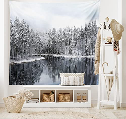 ABAKUHAUS Waldgebiet Wandteppich und Tagesdecke, Trees in Cold Day Lake, aus Weiches Mikrofaser Stoff Wand Dekoration Für Schlafzimmer, 230 x 140 cm, Weiß Braun
