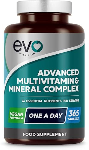 EVO NUTRITION Multivitamins & Minerals - 365 Vegan Multivitamin Tablets | 1 Year Supply | Multivitamin Tablets for Men & Women with 26 Essential Active Vitamins & Minerals | Made in The UK