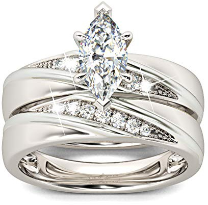 Jeulia 2 Stück Damen Ringe Set Sterling Silber Diagonal Marquise-Schliff Ringe Schmuck für Braut Hochzeit Band Verlobungsring