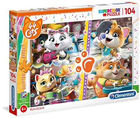 Clementoni 27539 Glitter Puzzle 44 Cats – Puzzle 104 Teile ab 6 Jahren, farbenfrohes Kinderpuzzle mit Glitzereffekt, Geschicklichkeitsspiel für Kinder
