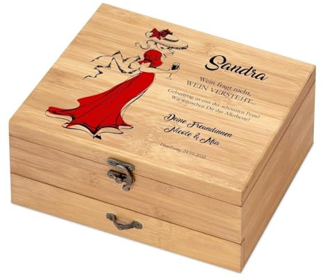Maverton 8er Weinöffner-Set personalisiert, Bambus Weinset Sommelier Set | Geschenkbox Holzbox + 8er Weinzubehörset, aus Bambus, Braun, Geschenk zum Geburtstag für Frauen
