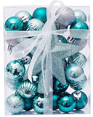 ISAKEN 30er Set Christbaumkugeln Christbaumschmuck mit Baumspitze Stern, Glänzend Glitzer Weihnachtskugeln Weihnachtsdeko Set, Kunststoff Weihnachtsbaumkugeln mit Aufhänger Weihnachtsbaumschmuck, 3cm