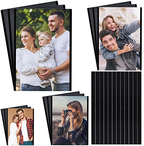 BELLE VOUS Pochette Photo Magnetique Noire pour Frigo (Lot de 24) - 4 Tailles Différentes et Tiges Magnétiques pour Tailles Personnalisées - Cadre Photo Aimanté pour Frigo & Surfaces Métalliques