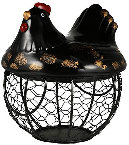 Luxshiny 1Pc Eggs Storage Basket, Chicken Shape Iron Egg Basket with Ceramic Cover, Black