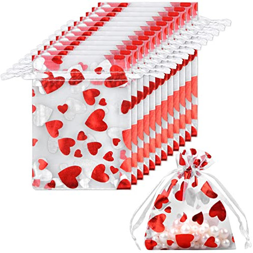 Jinlaili 50 Stücke 8x10CM Organzasäckchen, Herz Organzabeutel, Schmuckbeutel, Süßigkeiten Taschen, Schmucksäckchen, Rot Geschenk Säckli, Hochzeit Beutel, Geschenkbeutel für Festival Party Weihnachten