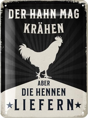LANOLU Retro Blechschild Hühnerstall Schild DER HAHN MAG KRÄHEN Aber DIE HENNEN LIEFERN - Hühner Deko Geschenk als Hühnerstall Zubehör Wanddeko - Vintage Metallschild 15x20cm