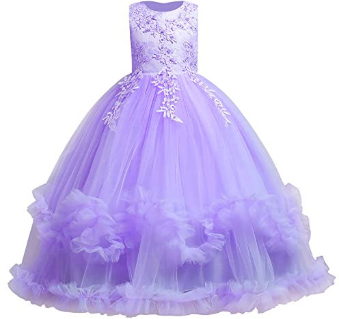 IMEKIS Vestido de niña de flores princesa de encaje tul tutú lentejuelas bowknot vestido de fiesta festivo dama de honor boda cumpleaños largo vestido de fiesta …, #3 Lila, 5-6 Años