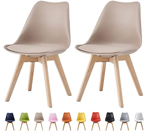 mcc direct Set of 2 Dining Chairs Wooden Legs Soft Cushion Pad Stylish DELUXE Retro Lounge Dining Office EVA (Brown)