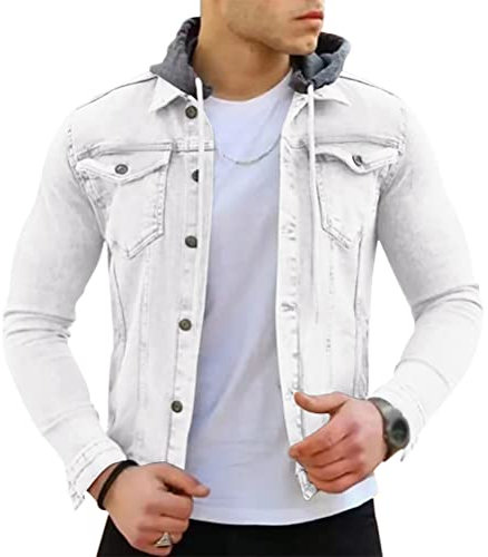 Onsoyours Veste en Jean Homme Blouson Jacket Homme Manches Longues/sans Manches Outwear Trucker Coupe Vent Printemps-Automne Casual Manteau avec Capuche B Blanc M