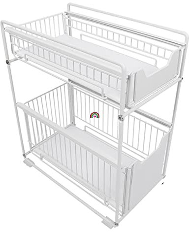 HUOLE Rangement sous Evier,Tiroir de Rangement à 2 étages pour Cuisine et Salle de Bain, Panier de Rangement Coulissant en métal, pour la Maison et Le Bureau, Porte-épices (Blanc)