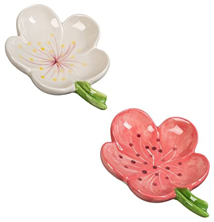 AYAROS Lot de 2 porte-savon en céramique en forme de fleur avec auto-drainant décoratif pour évier de salle de bain ou douche