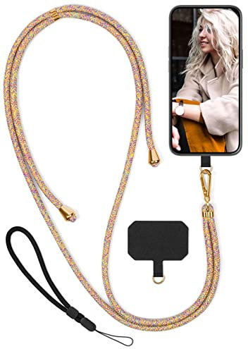 moex Unleash für Xiaomi Mi 10T / Mi 10T Pro Handyband zum Umhängen ohne Hülle, Handykette mit Karabiner, Handy Umhängeband abnehmbar, Band Kette mit Pad für Handyhülle, Bunt, Gold