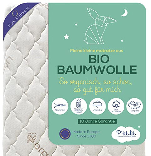 P'tit Lit - Babymatratze aus Bio-Baumwolle | 70x140 cm | 100 % Baumwolle: Natürliches Material pflanzlichen Ursprungs | Ohne chemische Behandlung | Abnehmbar | OekoTex® | | Dicke bis zu 10 cm