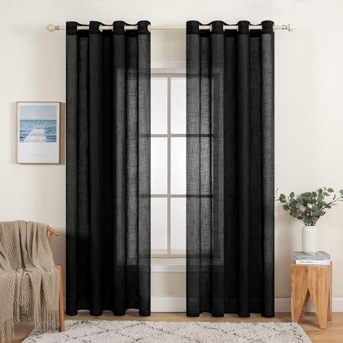 MIULEE 2er Set Voile Vorhang Sheer Leinenvorhang mit Ösen Transparente Leinen Optik Gardine Ösenschal Wohnzimmer Fensterschal Lichtdurchlässig Dekoschal Schlafzimmer 140x225cm (B x H) Schwarz