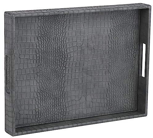 HofferRuffer Rectangle Serving Tray with Hole Handles for Coffee Table, Breakfast, Tea, Food, Butler - Countertop, Kitchen, Vanity Serve Tray, 16.2 x 12.2 x 2 inches, Faux Leather Tray (Dark Grey)