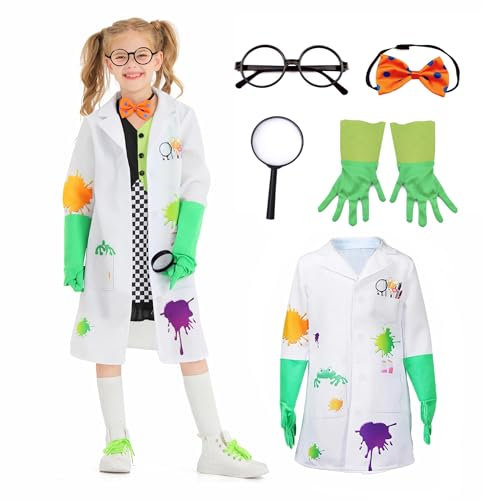 Wbesty Kids Mad Scientist Kostüm mit Brillengestell Fliege Handschuhe Lupenbrille 5Pc Kids Laborkittel Halloween Verkleidung, 10-12Jahre