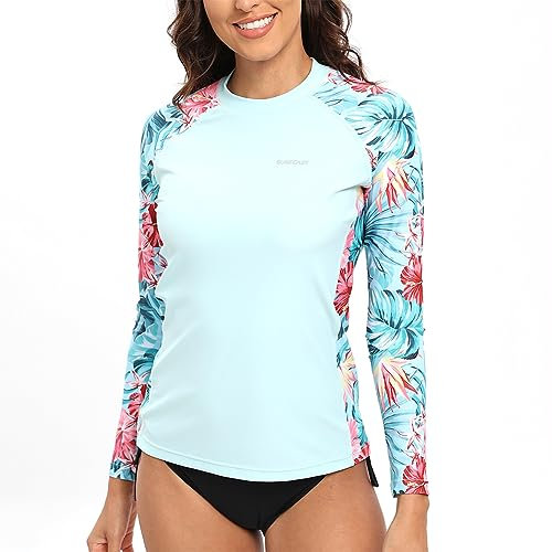 SURFEASY Womens Rash Vest Long Sleeve Ladies Sun Protection Swim Shirt Rash Guard Tops Swimsuit (Light Blue Floral,S)