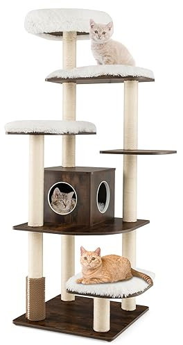 GOPLUS - Árbol para gatos XXL 175 cm de madera, 6 niveles, con plataformas, cojines cómodos, postes de sisal, diseño anti-Basculo, marrón+natural