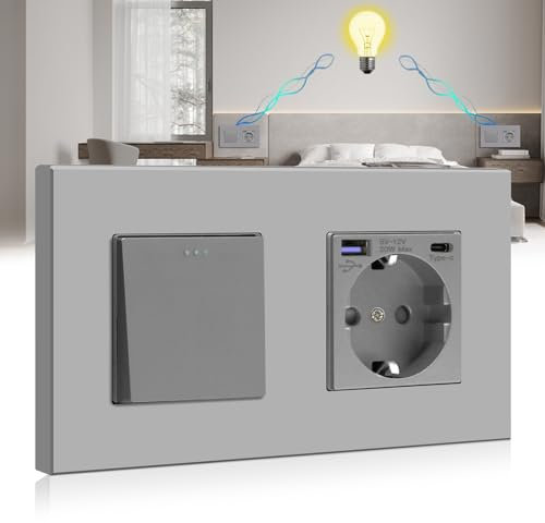 BSEED Interruptor de luz con Enchufe USB/tipo C de carga rápida de 20W,Interruptor de botón de 1 Gang 2 Vías con enchufe Schuko empotrado,Interruptor de cambio con enchufe con marco de PC,Gris