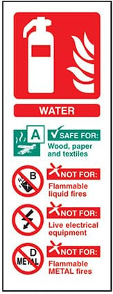 Water Fire Extinguisher Sign (Portrait) - 200mm x 75mm - FireShield (Self Adhesive Vinyl)