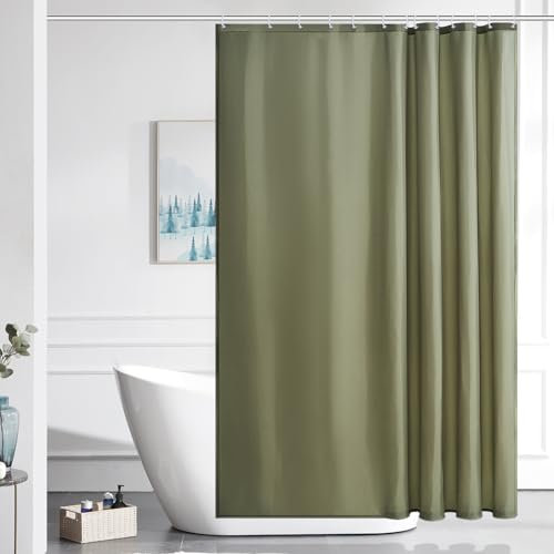 Furlinic Shower Curtain Mould Proof Resistantand Waterproof Washable Polyester Fabric Sage Green Bath Curtains with Weight Tape 12 Hooks for Wetroom 72x72 Inch.
