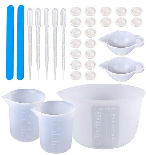1 set di misurini in silicone, 600 e 100 ml, in silicone, asta di miscelazione, contagocce, ditale, tazza di miscelazione epossidica, strumento di miscelazione multifunzione per vernici e resine