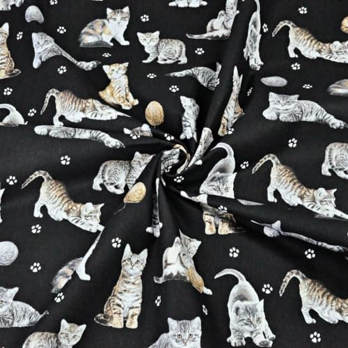 Textrend Baumwollstoff Meterware - Stoff zum Nähen - 100% Baumwolle - Textilien 1x1.6m - Stoffe Meterware - Katzen und Hunde Muster (Beige und weiße Katzen auf einem schwarzen Hintergrund)