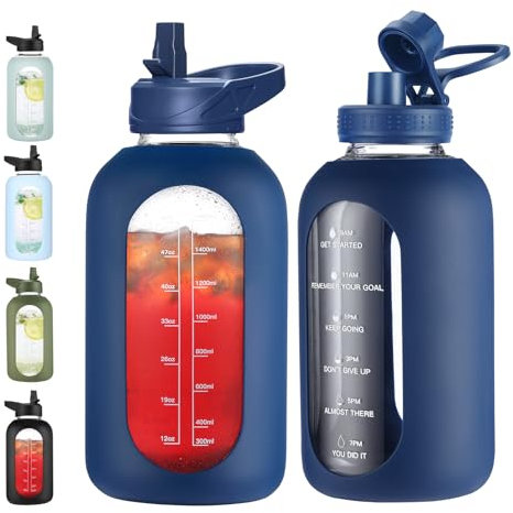 EALGRO 64 oz Glass Water Bottle With Straw and Handle, Half Gallon Sports Motivational Water Jug Flask with Silicone Sleeve, Large Water Cup with Time Marker for Travel, Gym, Navy