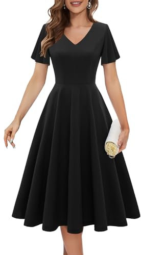 Bridesmay Women's Cocktail Party Dress Tea Length Fit and Flare Black Homecoming Dress with Sleeves Black M