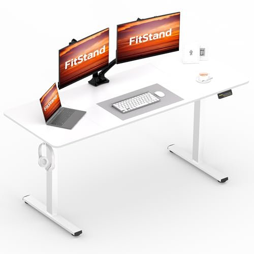 FitStand FQ1 160x60cm höhenverstellbarer Schreibtisch Electric Lift Desk mit Tischplatte, Stehpult, Lift Computertisch mit Haken, Kindersicherung, Memory-Funktion für Büro und Zuhause - Weiß