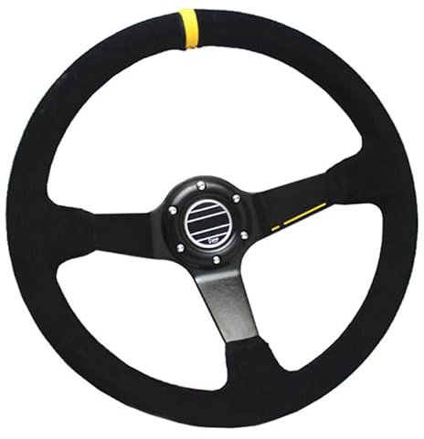 Sportlenkrad 350mm Wildleder Racing Lenkrad Universal Gelb Rosa Streifen Auto Sport Lenkrad Aluminiumrahmen mit Logo SportlenkräDer (Color : Pink)