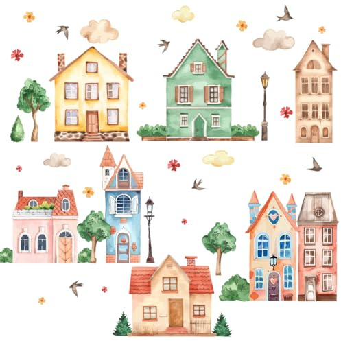 SUPERDANT Gartenhaus Wandaufkleber Aquarell Haus Wandsticker Baum Gras Wandtattoo Vögel Wolken Wandtattoo Hausdekor Vinyl Wandsticker Für Schlafzimmer Kinderzimmer Wohnzimmer Spielzimmer