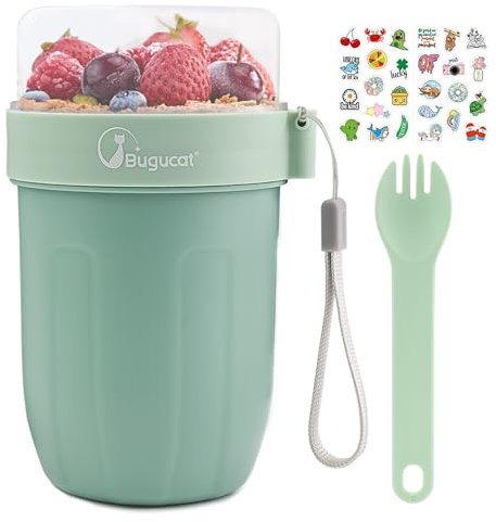Bugucat Müslibecher to Go 660ML+260ML, 2in1 Joghurtbecher to Go & Müsli Cup to Go Becher Löffel und Aufkleber, Auslaufsicherer Lunchpot Müslidose, Unterwegs Müslischale Yoghurt to Go, Grün