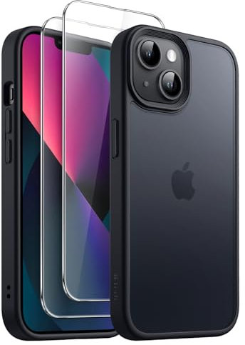 JETech 3 in 1 Matte Case for iPhone 13 mini 5.4-Inch with 2 Pack Tempered Glass Screen Protectors, Translucent Frosted Shockproof Phone Cover (Black)