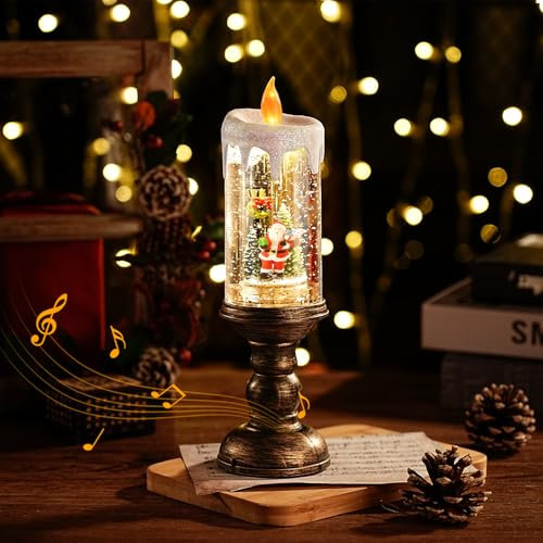 Auniq Weihnachts Schneekugel Laterne mit Musik und Licht, Flammenlose Kerzenlichter Vintage Weihnachten Wasser glitzernde Verschneiter Globus Nachtlicht, USB & batteriebetrieben Schneekugel Dekoration