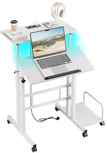 Dripex Stehpult Höhenverstellbar mit LED-Leuchten, 60x60cm Computertisch mit 2 AC-Steckdosen und 2 USB Ladeanschluss, Schreibtisch mit 4 Rollen, für Zuhause Büro, Weiß
