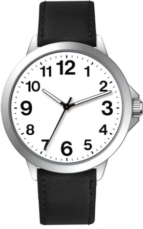 NUOVO Herrenuhr Schwarzes Lederarmband Silbergehäuse, weißes Zifferblatt, einfach zu lesen Analoge Quarzuhr Arabische Ziffern Klassisch wasserdicht
