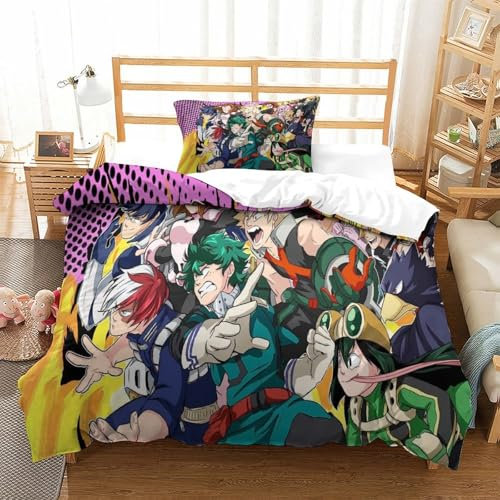 My Hero Academia Bettwäsche Bettbezug Set, Moderne 3D Tröster Set Bedruckte Kinder Jungen Mädchen Kinderbett Bettbezug Set Microfaser 2teilig Mit Kissenbezug Single(135x200cm)