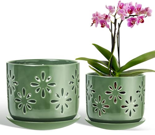 LITUDISO Vasi per orchidee da 15 cm + 12 cm con fori, vasi in ceramica per orchidee per rinvaso, vasi per piante a circolazione dell'aria sana per gli amanti delle piante, fioriere per piante da