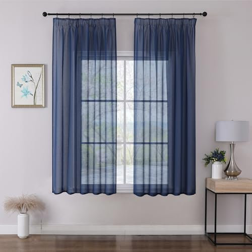 Joydeco 2er Set H160 x B140 cm Königsblau Voile Kurz Gardinen Vorhänge mit Kräuselband Transparent Polyester Vorhang Modern Wohnzimmer Schlafzimmer