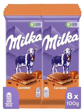 MILKA - 8 Tablettes de Chocolat au Lait Milka Caramel 100g - Chocolat au Tendre Lait du Pays Alpin et Caramel - Lot de Tablettes de Chocolat Milka Caramel - Lot de 8x100g