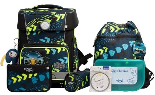 SCHOOL-MOOD Champion Pro Elias Rennwagen Schulranzenset 7-teilig 21,5L Stauraum, ergonomisches Easy Fit System für 1 m bis 1,50 m Körpergröße, standfest, wasserdichter Stoff mit Reflektoren